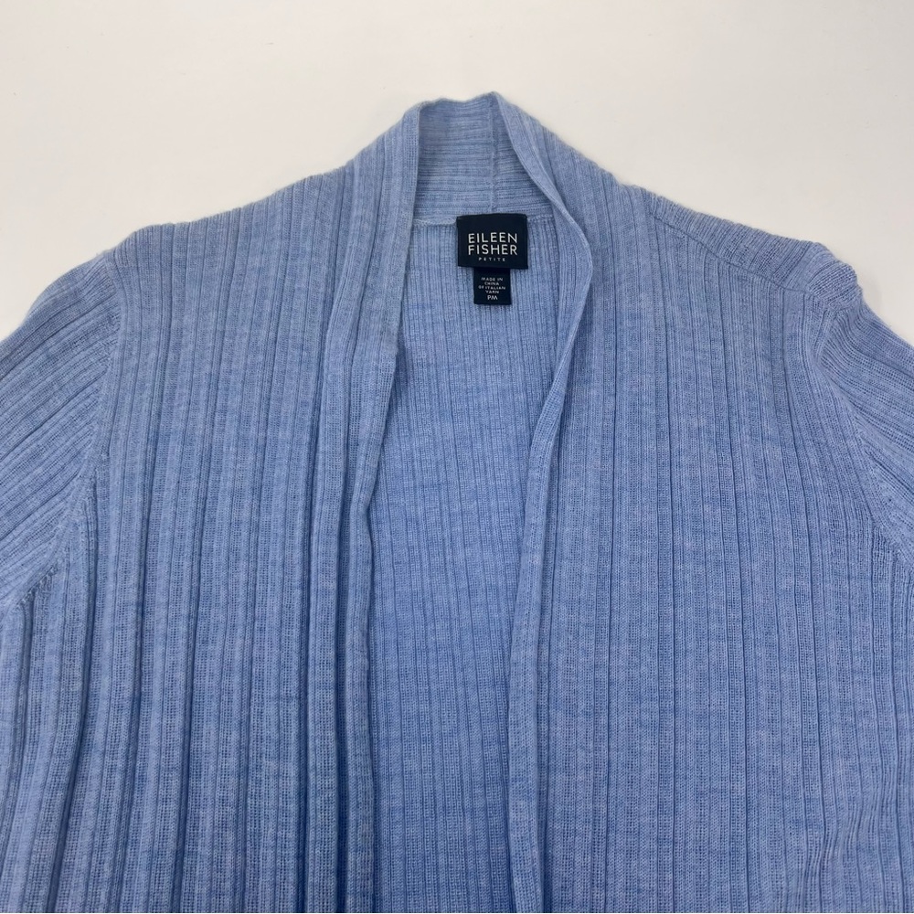 Eileen Fisher Cardigan Sweater Womens PM Blue Merino Wool Ribbed Open Front - Picture 3 of 10